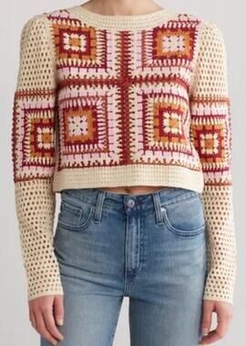 Truth Crop Crochet Square Grannycore Pink Burgundy Boho Open Knit Sweater Sz M
